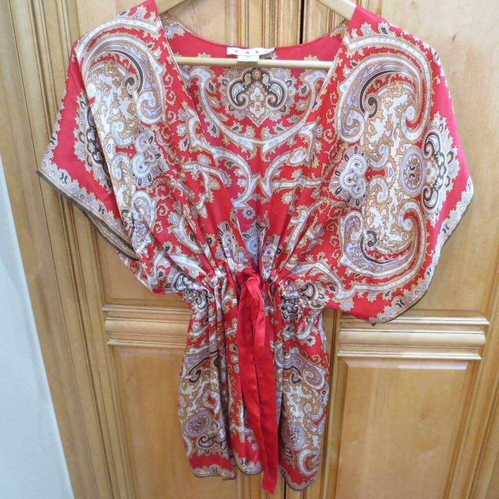 CAbi Silk Red Paisley Kimono Tie Front Flutter sleeve